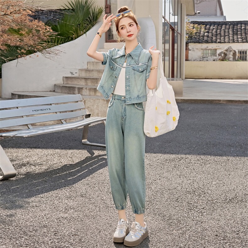 夏季时尚牛仔套装女2025年新款休闲穿搭欧货时髦洋气九分裤两件套,女装套装/套裙,意芙
