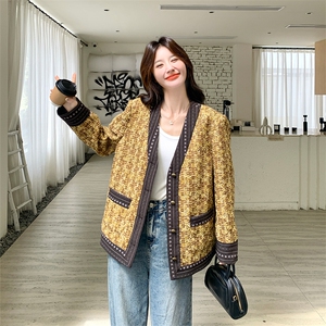 轻奢小香风黄色粗花呢外套女春秋2025新款小个子减龄超火流行上衣图片