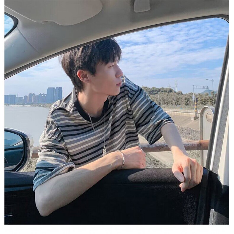 C540P35夏季新款圆领t恤韩版男生条纹宽松短袖潮流凉感舒，男装T恤，星座512-6