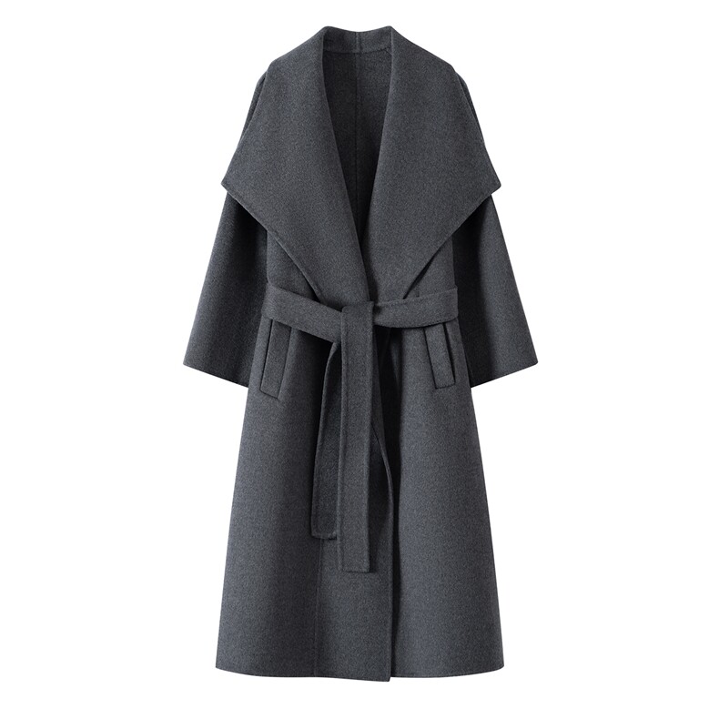 2025年秋季通勤长袖宽松时尚大翻领可脱卸腰带呢子外套，女装毛呢外套，织美生