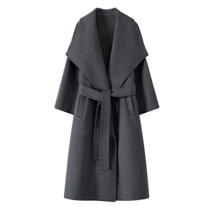 2025年秋季通勤长袖宽松时尚大翻领可脱卸腰带呢子外套，女装毛呢外套，织美生