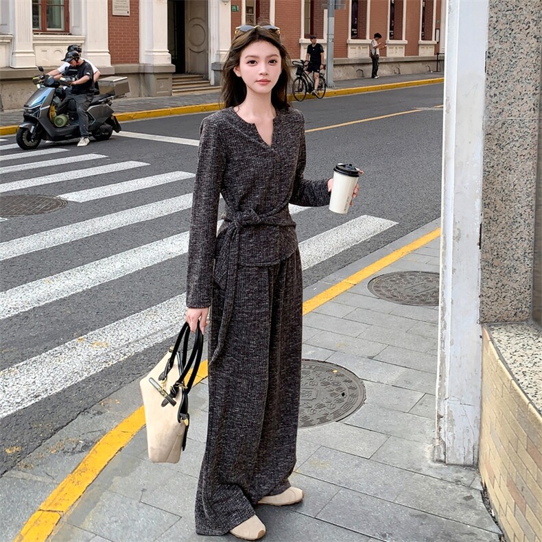 设计感系带显瘦针织上衣阔腿裤套装女2025秋韩系复古松弛感两件套,女装套装/套裙,2C353