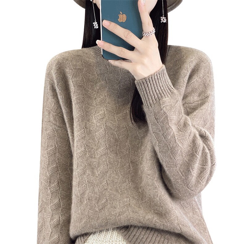 半高领提花100%纯羊毛衫女秋冬款加厚针织毛衣打底羊绒衫宽松上衣,女装羊毛衫,鸿陌羊绒