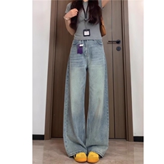 复古蓝阔腿牛仔裤男女秋冬季加绒高腰设计感显瘦垂感宽松直筒裤潮，男装牛仔裤，星座302B-2