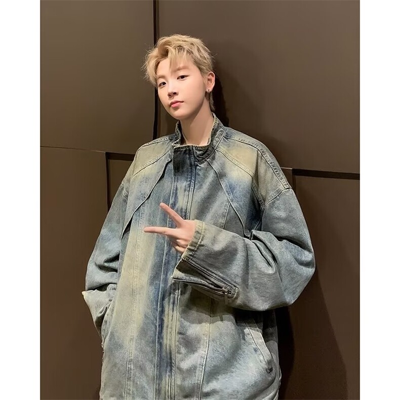 渐变扎染牛仔外套男秋季立领衣服春秋水洗做旧复古夹克N1229/P80,男装工装外套,星座506