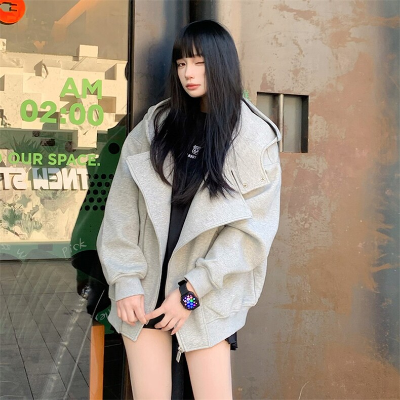 抖音得物品质26春装美式重磅结构斜拉链高领连帽卫衣开衫外套W61,女装短外套,电商A486