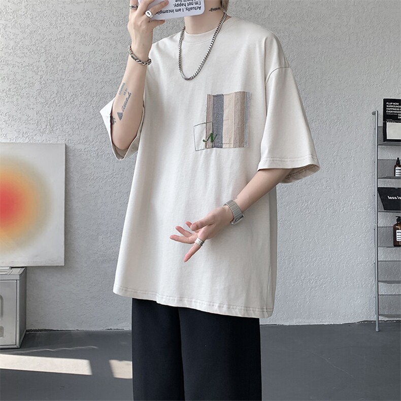 8XL-M 高品质纯棉美式复古宽松简约百搭学院风短袖T恤上衣男DX343图片