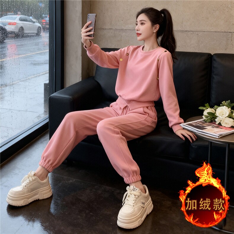 运动休闲时尚套装女秋冬新款圆领套头订扣设计感卫衣束脚裤两件套,女装套装/套裙,江南