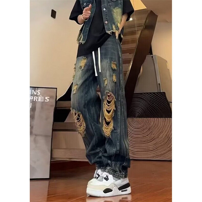 竹节纹破洞牛仔裤男夏季薄款工装乞丐裤子高街vibe阔腿裤N805,男装牛仔裤,星座1116A（原606A-3）