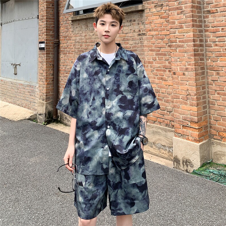 2025美式扎染印花冰丝凉感短袖衬衫薄套装TZ2345/特P45灰绿2,男装休闲套装,电商A094