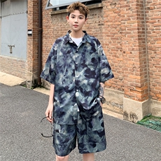 2025美式扎染印花冰丝凉感短袖衬衫薄套装TZ2345/特P45灰绿2，男装休闲套装，电商A094