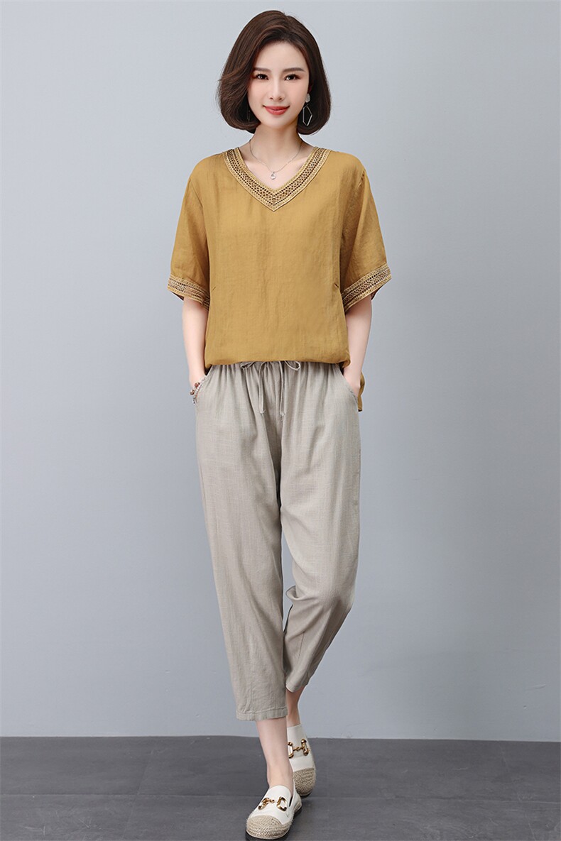 苎麻t恤女短袖2025新款夏季v领小衫中年妈妈刺绣时尚休闲宽松上衣,女装套装/套裙,悦见她