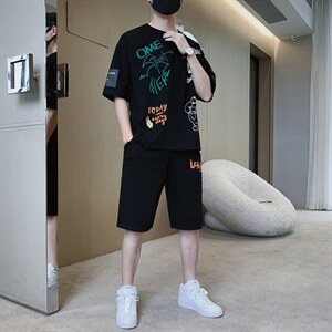 2024夏季短袖t恤男装吸汗透气青少年潮流宽松休闲套装男F307P58，男装休闲套装，电商A086