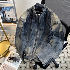 立领拉链重工拼接水洗做旧有垫肩牛仔夹克外套男宽松JK08962-P90，男装夹克，星座308B-1