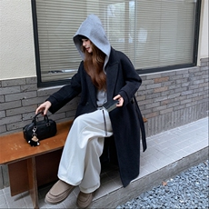 现货新款韩范中长款过膝双面羊绒大衣黑灰色高端毛呢连帽外套，女装双面呢大衣，网红馆