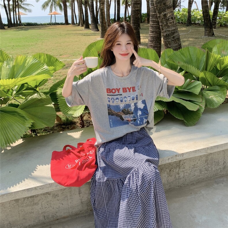 灰色慵懒风印花T恤套装裙女夏季小个子绝美休闲减龄半身裙两件套,女装套装/套裙,2C050