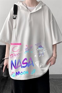 LD54186-P45NASA联名同款连帽短袖t恤男大码胖子带帽五分袖大皂风图片