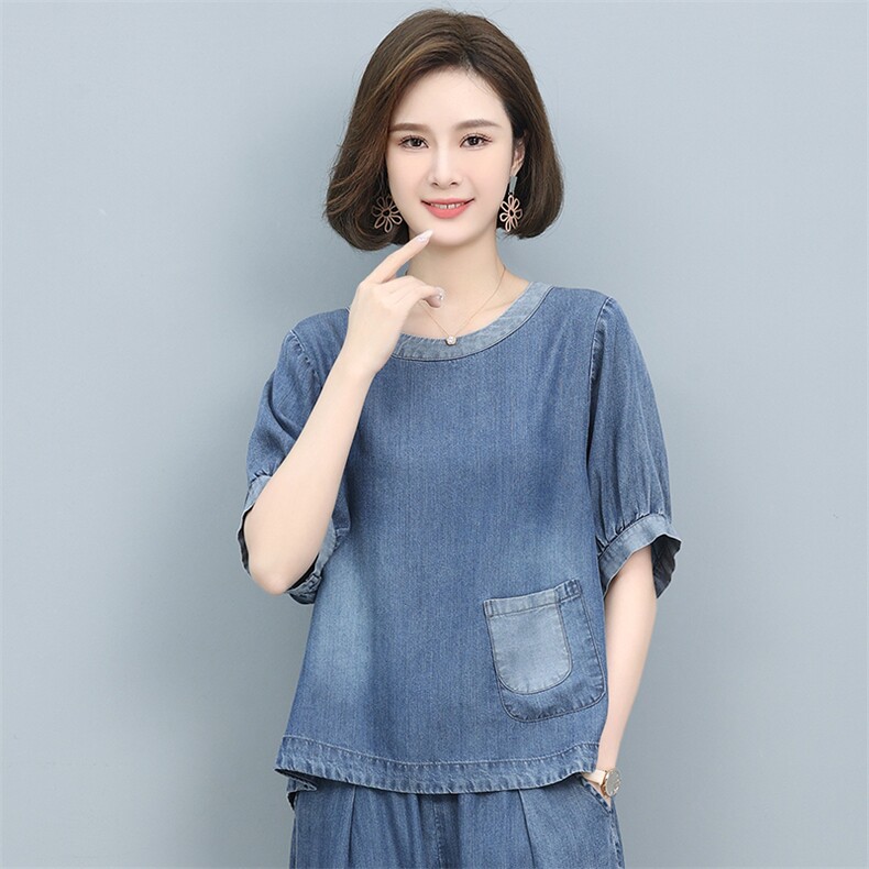 时尚宽松牛仔短袖T恤女夏季新款休闲百搭透气上衣,女装T恤,悦见她