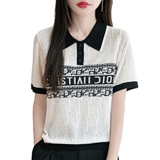 时尚单品~天丝莱塞尔polo领字母提花短袖T恤女宽松翻领针织上衣，女装T恤，羿纯羊绒
