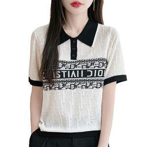 时尚单品~天丝莱塞尔polo领字母提花短袖T恤女宽松翻领针织上衣图片