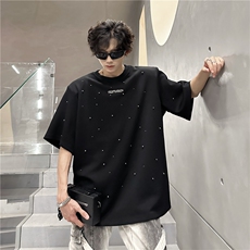 现货T恤垫肩美式复古高街手工珍珠设计潮男短袖A071-T62-P48，男装T恤，电商A071