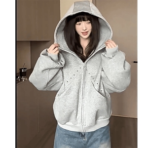 抖音得物高品质二开26春装美式高街铆钉拼接纯色开衫卫衣外套W122图片