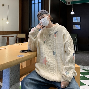 B243-P58 秋冬季潮牌慵懒套头针织衫日系复古刺绣麻花圆领毛衣男图片