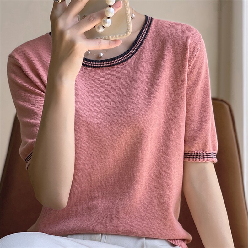夏季100%纯棉短袖女新款圆领镂空T恤宽松百搭针织衫棉麻半袖上衣,女装T恤,琳尚羊绒