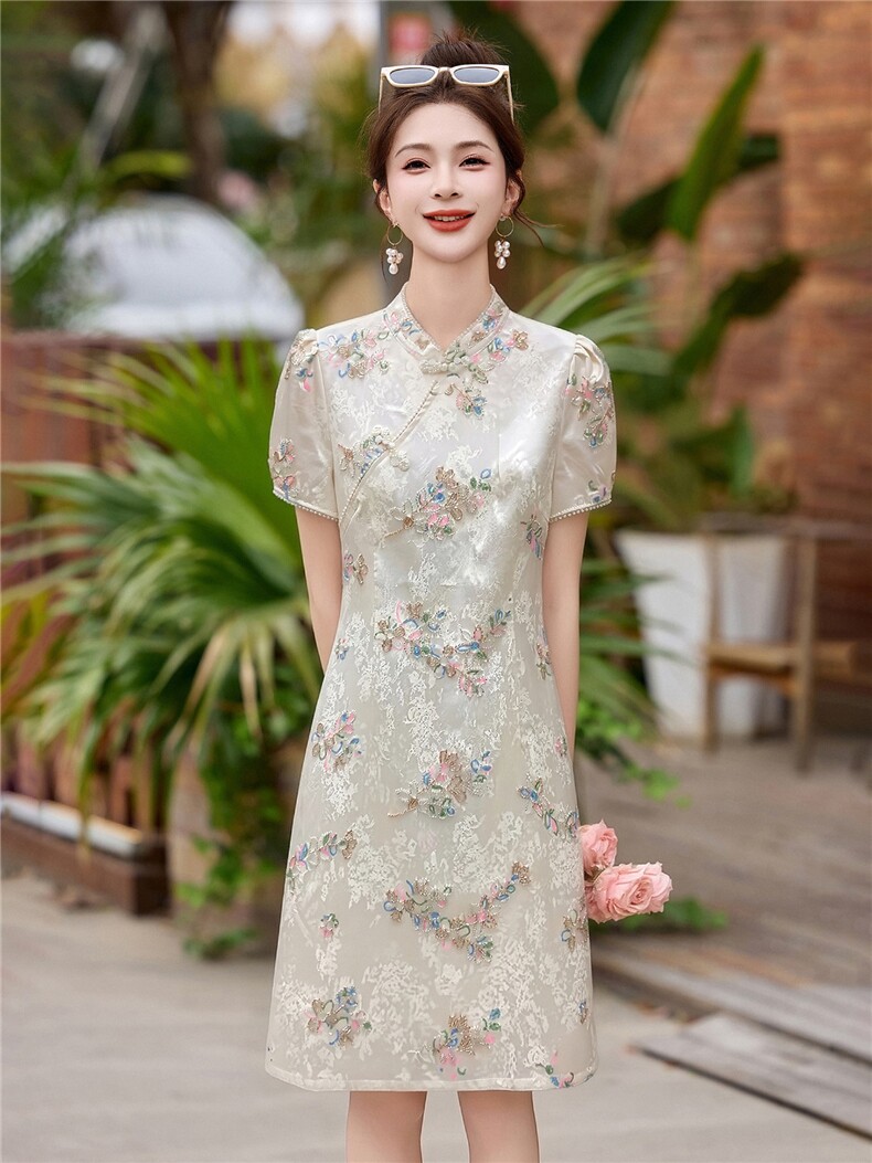 新中式提花短裤套装女2026夏季新款修身显瘦改良旗袍裙重工艺订珠,女装连衣裙,贵人树