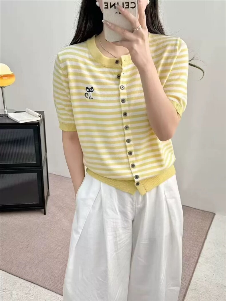 夏季圆领条纹针织短袖开衫女猫咪刺绣宽松半袖T恤上衣百搭打底衫,女装T恤,艾米娇羊绒