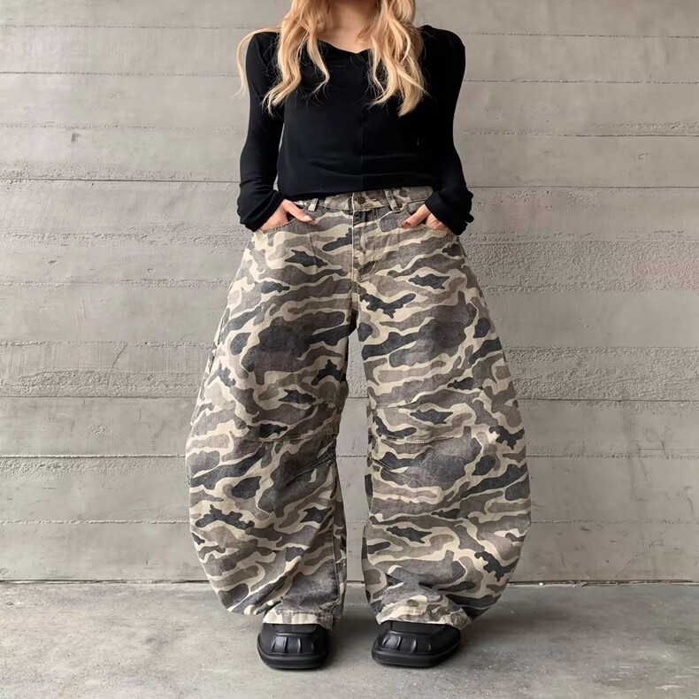 美式复古迷彩弯刀牛仔裤男女款2025春季新款修身显瘦阔腿拖地裤,女装休闲裤,星座218-8