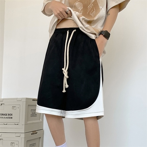 B239-1518-P43 麂皮绒休闲短裤男美式设计感高中生抽绳拼色五分裤图片
