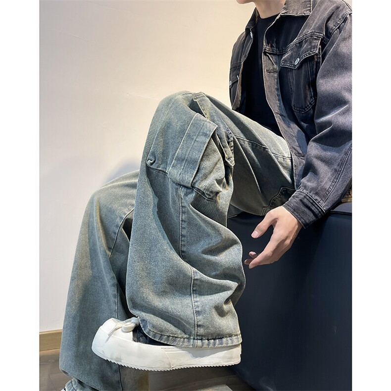 阔腿工装牛仔裤男款春季潮牌大口袋宽松裤子水洗复古高街拖地长裤，男装牛仔裤，星座410-6（原星座1304-1）