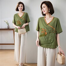 现货2023小众设计复古盘扣设计文艺刺绣休闲套装，女装套装/套裙，深水步