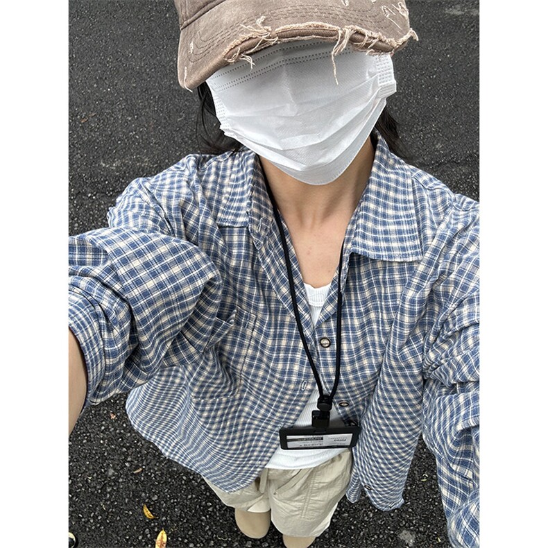 长袖衬衣男夏季新品港风宽松大码青年蓝色格子衬衫CS279-P40,男装衬衫,星座301C-5