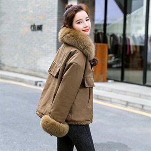 棉衣/棉服2021新款冬兔毛中长款工装带帽棉服女外套配毛领图片