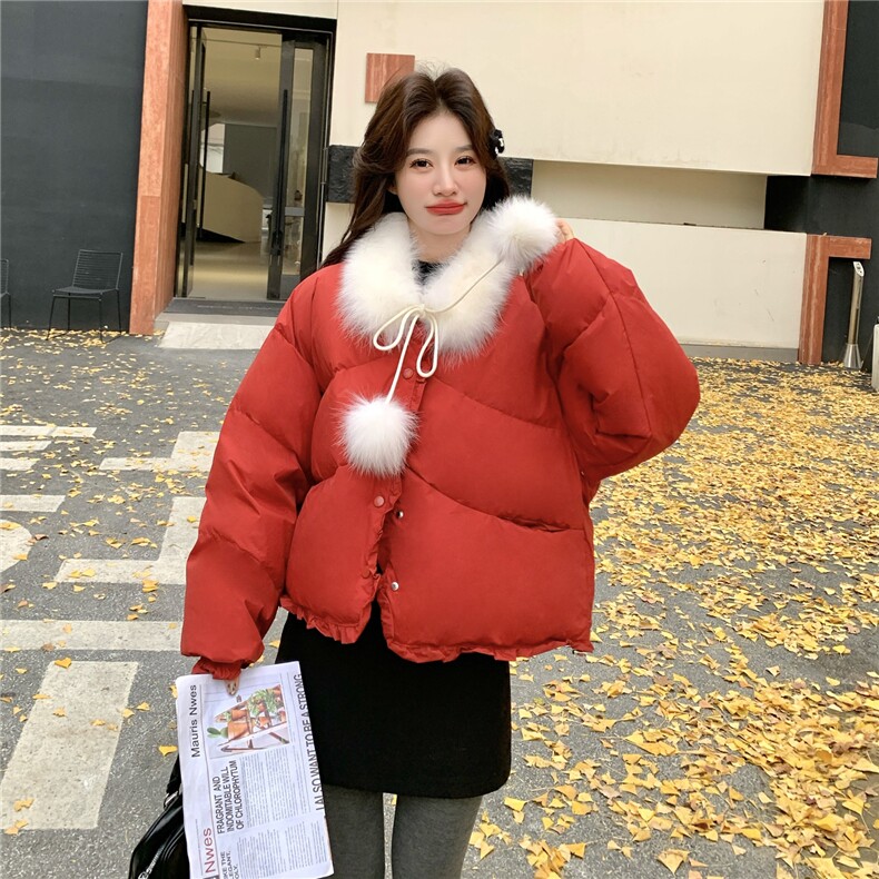 新款现！真狐狸毛保暖红色羽绒服外套2C133-6012-P285-K408图片