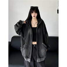 美式复古水洗做旧连帽拉链卫衣男女2025秋季新款宽松百搭外套上衣，女装短外套，星座410-7