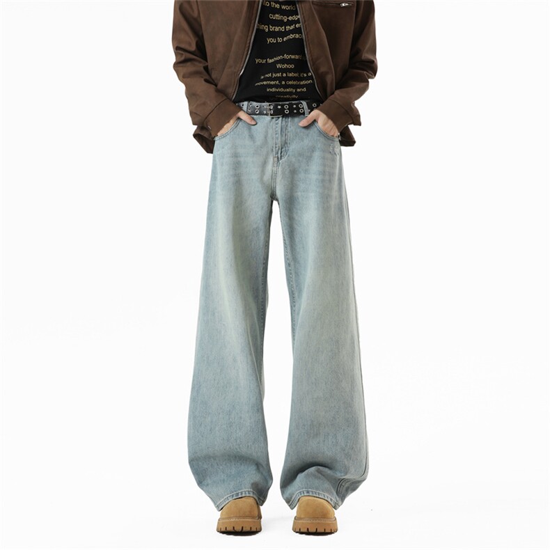 秋季牛仔裤男美式复古潮牌扎染褶皱阔腿高街显瘦弯刀长裤男特P50，男装牛仔裤，星座610B-1