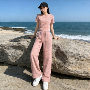 潮牌时尚休闲运动套装女夏季新款粉色扎染圆领短袖上衣长裤两件套图片