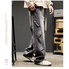 街头做旧抽绳松紧腰秋季牛仔裤男潮牌宽松直筒显瘦长裤AM666P53，男装牛仔裤，星座1013-5