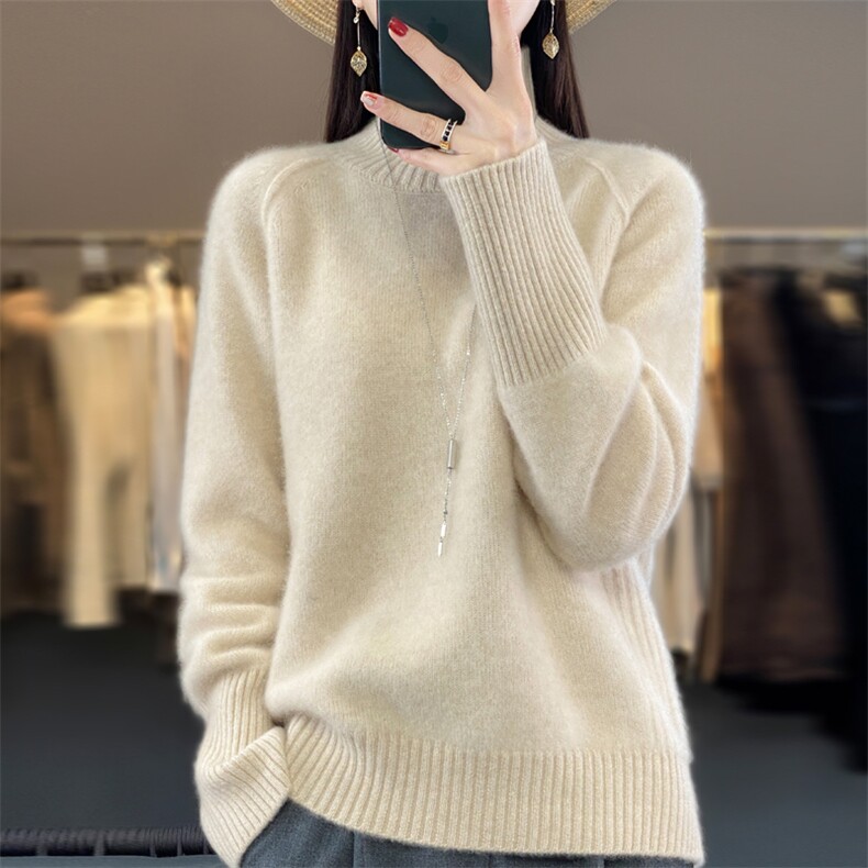 长袖套头纯色2024年秋季高领休闲百搭羊毛衫,女装羊毛衫,鲁菏羊绒