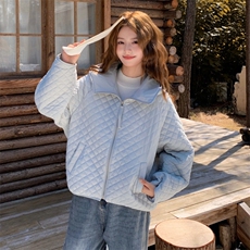 蓝色菱格羽绒棉服外套女秋冬2025新款气质减龄棉衣修身显瘦棉袄，女装棉衣/棉服，2B218