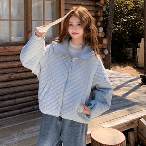 蓝色菱格羽绒棉服外套女秋冬2025新款气质减龄棉衣修身显瘦棉袄图片