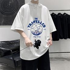 LD54410-P45NASA连帽短袖t恤男大码胖子带帽五分袖中袖，男装T恤，电商A040