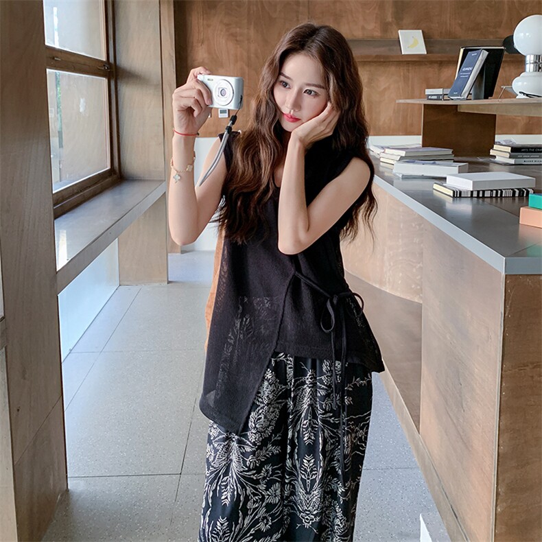 黑色不规则无袖背心套装女2025夏季新款复古印花高腰阔腿裤两件套,女装套装/套裙,2C277