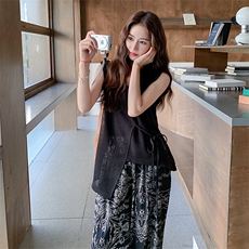 黑色不规则无袖背心套装女2025夏季新款复古印花高腰阔腿裤两件套，女装套装/套裙，2C277