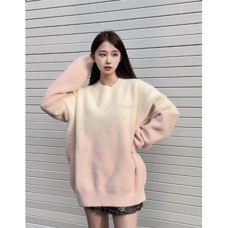 软糯渐变粉色提花毛衣男女套头冬季设计感小众氛围感水貂绒针织衫图片