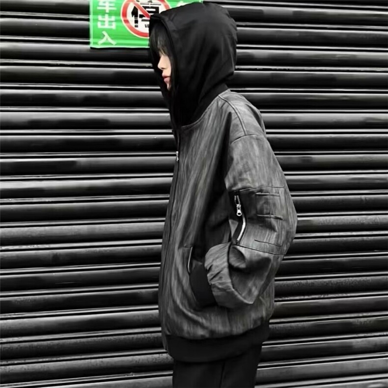 新款重磅设计假两件连帽皮衣外套男女美式工装夹克做旧LJK853-P80,男装皮衣,星座1008