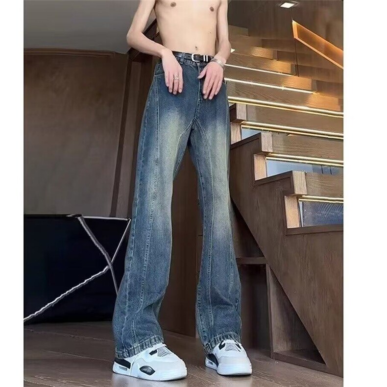 wassuphappy弯刀牛仔裤男春秋款潮流直筒阔腿裤夏季休闲运动裤子，男装牛仔裤，星座1008